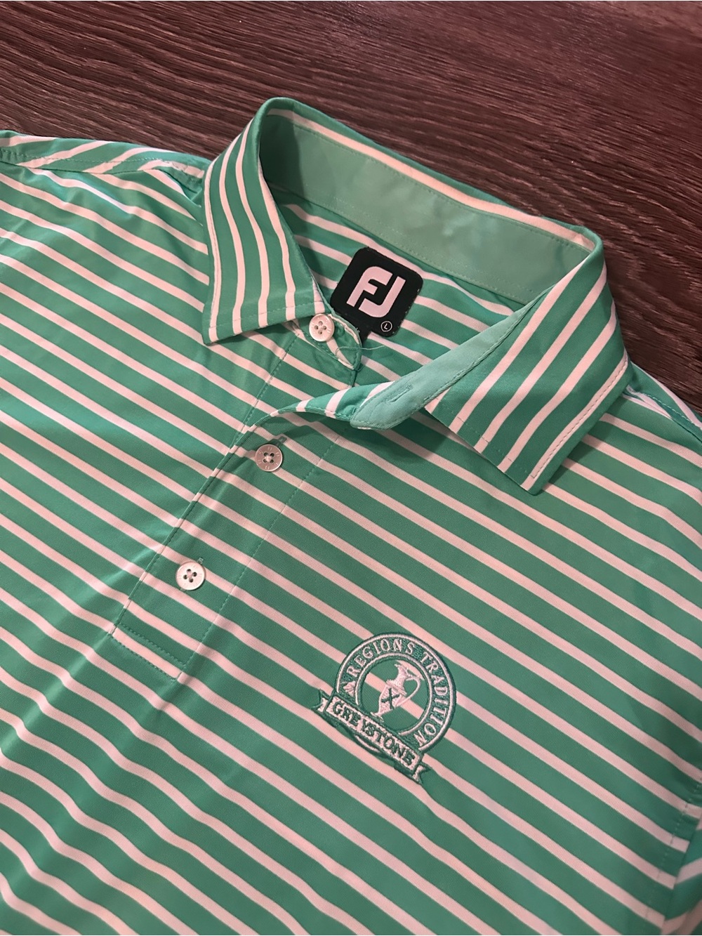 FootJoy Greystone Regions Tradition Golf Polo L Green/White Striped Short Sleeve